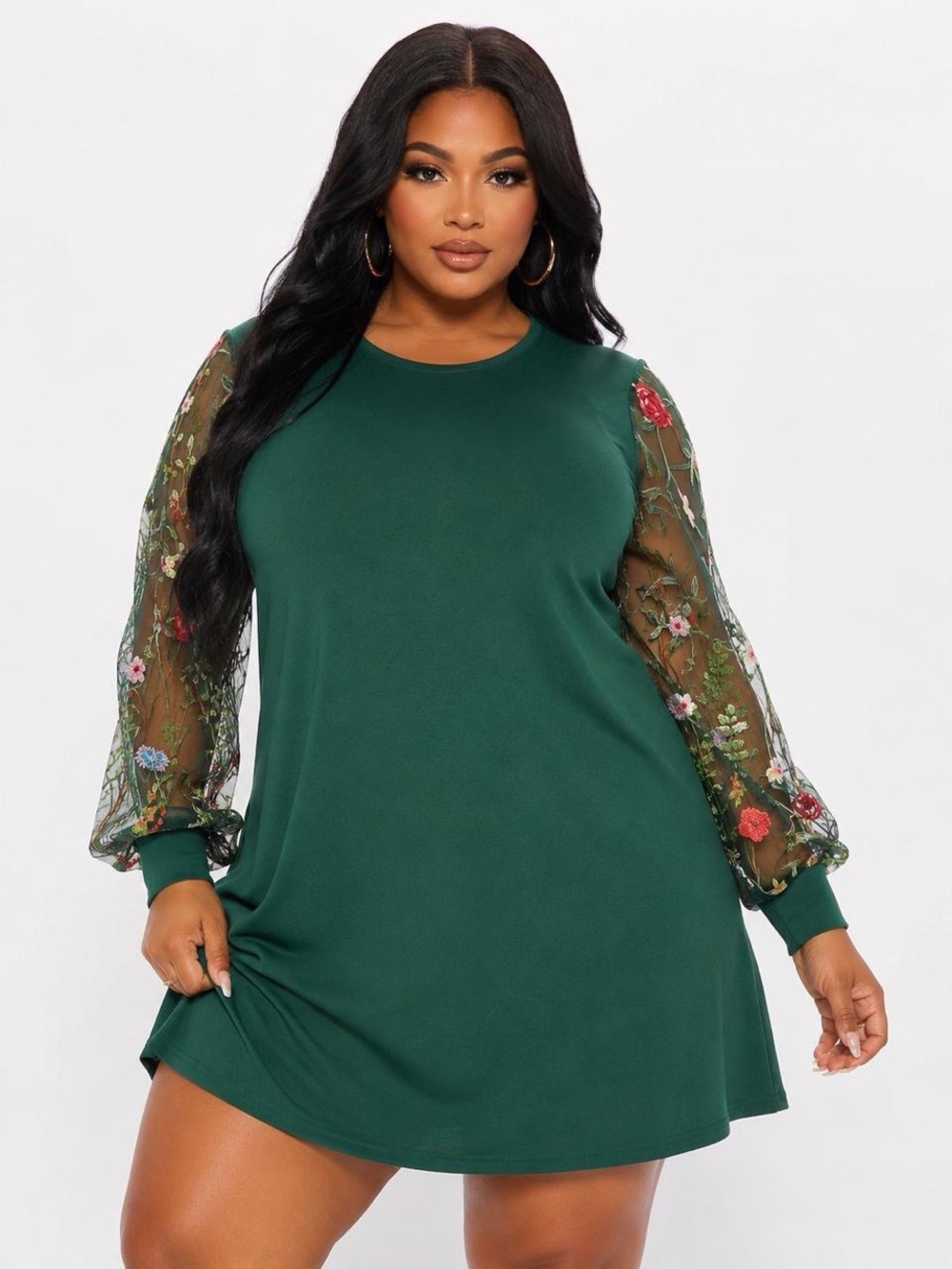 SHEIN Forest Green Long Sleeve Dress with Floral Sheer Sleeves